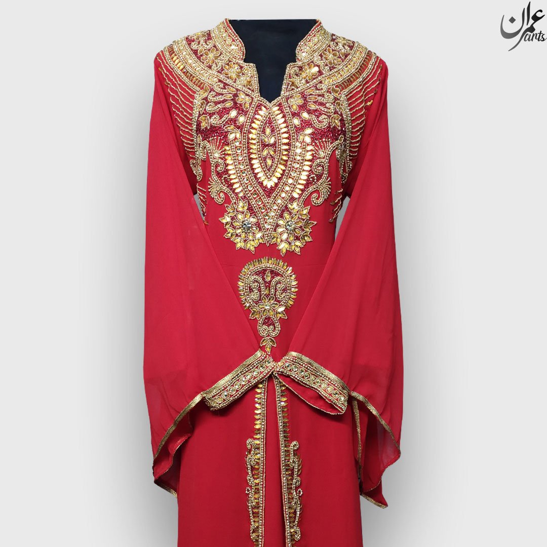 ImranArts Red Royal Handbeaded Kaftan with Embroidered work