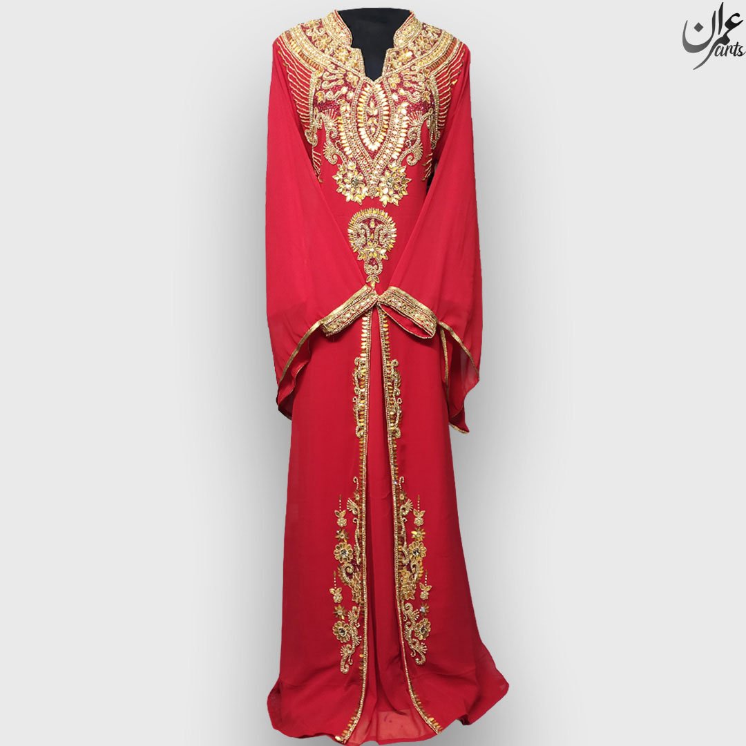 ImranArts Red Royal Handbeaded Kaftan with Embroidered work