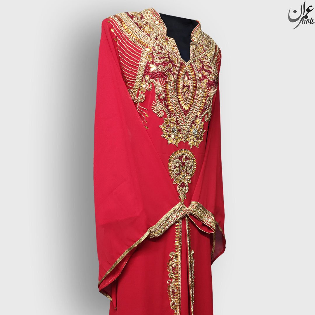 ImranArts Red Royal Handbeaded Kaftan with Embroidered work