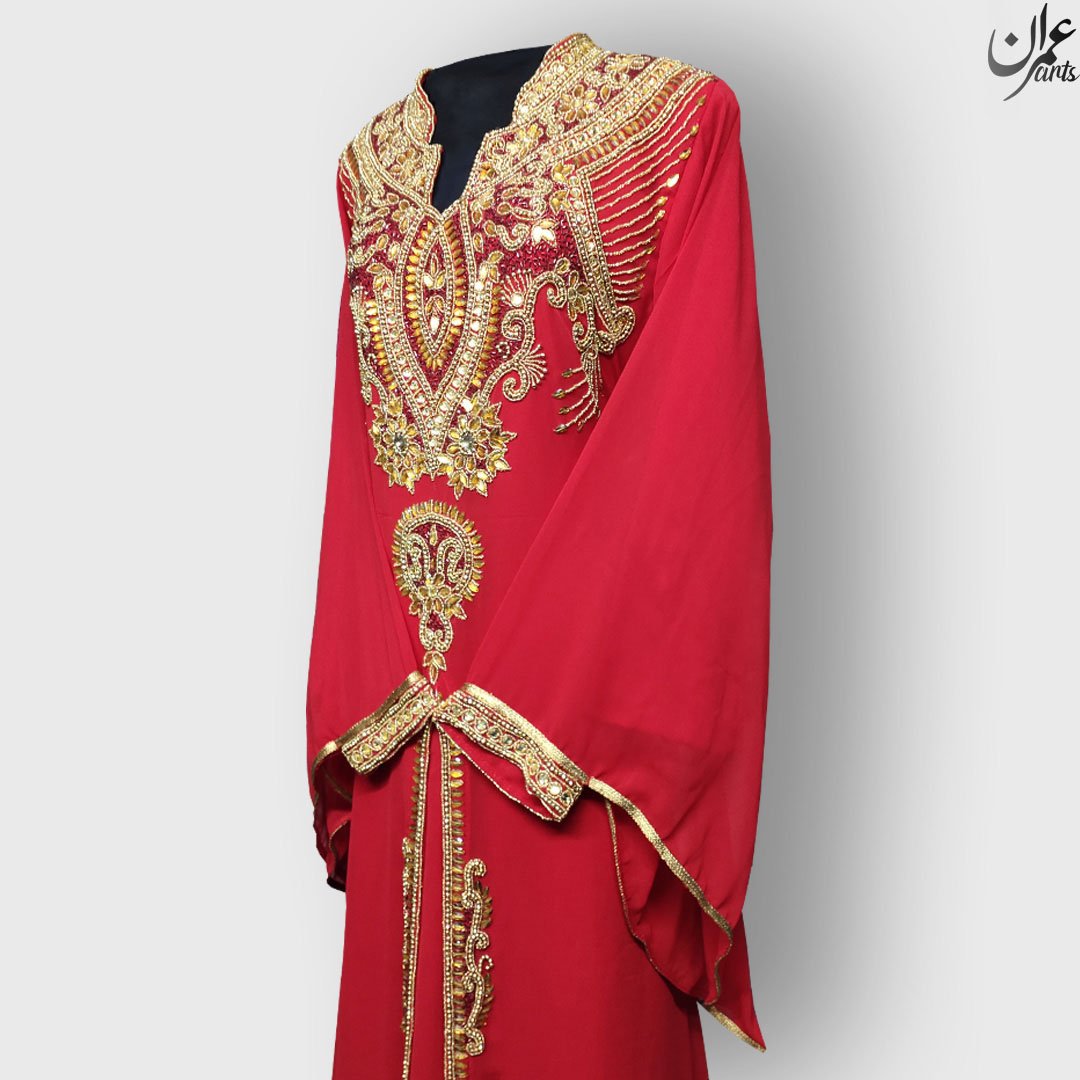 ImranArts Red Royal Handbeaded Kaftan with Embroidered work